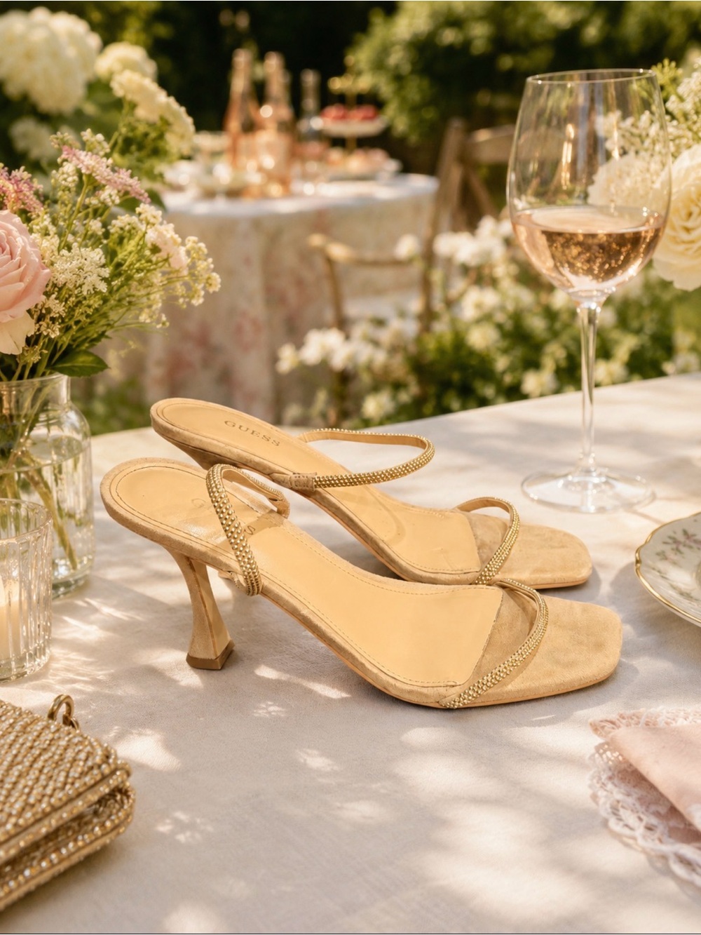 GUESS Beige Heeled Slide Sandals with Gold Beaded Straps size. 7